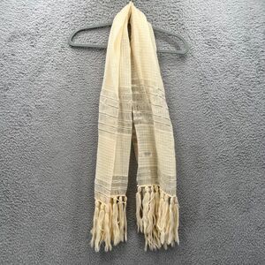 Vintage 100% Virgin Wool Cream Striped Fringe Scarf Lightweight‎ retro Nautical